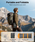 Man hiking in mountains holding 30W Portable Foldable Solar Panel Charger With USB A and USB C Fast Charging, compact and lightweight.