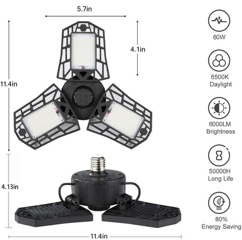 Beast Bright 6000 Lumen 6500K Daylight LED Garage Light With Foldable Three Panel Design 60W Ceiling Fixture For 80 Plus CRI True Colors And 270 Degree Coverage, showing dimensions and specifications.