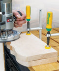 MatchFit Dovetail Clamps For Woodworking Track System in use on a wooden piece, demonstrating precise alignment with router.