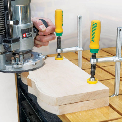 MatchFit Dovetail Clamps For Woodworking Track System in use on a wooden piece, demonstrating precise alignment with router.