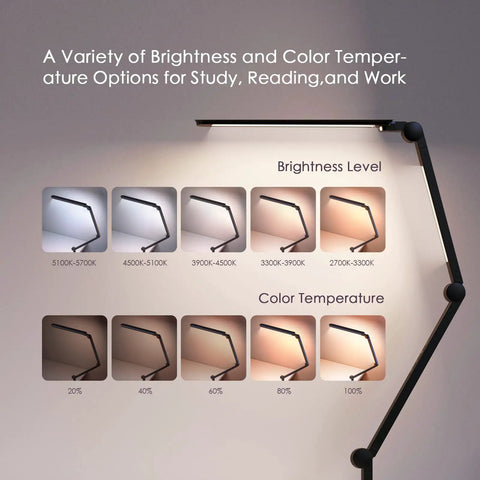 Lit LED Desk Lamp With Clamp showing brightness and color temperature options for home office use