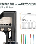 Close-up of 3 In 1 Automatic Wire Stripper With Built In Cutter Adjustable Stripper For 18-8 AWG And 22-10 AWG Insulated Terminals Precision Crimping Tool ICP-510 Pro Grade with AWG size chart and wire types