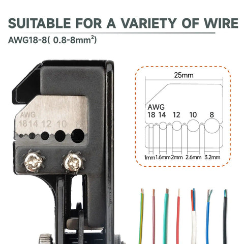 Close-up of 3 In 1 Automatic Wire Stripper With Built In Cutter Adjustable Stripper For 18-8 AWG And 22-10 AWG Insulated Terminals Precision Crimping Tool ICP-510 Pro Grade with AWG size chart and wire types