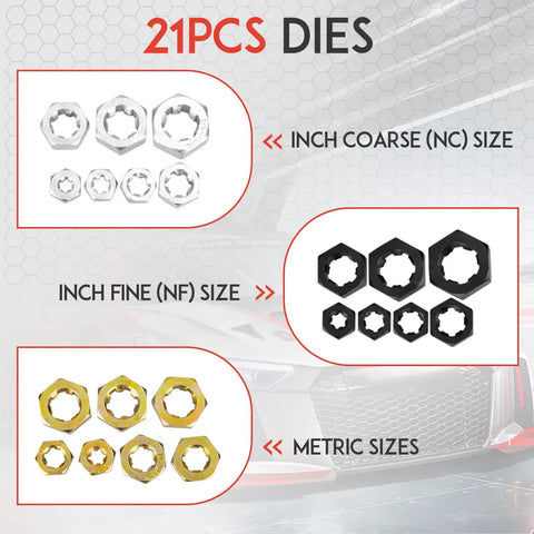 42 Piece Thread Restorer Kit With Taps Dies And Rethread Files For UNC UNF And Metric Threads showing 21 piece dies set
