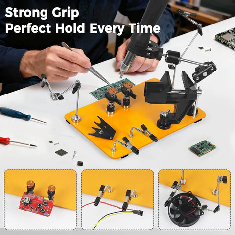 Person using All-In-One Helping Hands Soldering Station With 5X Magnifying Lamp for electronics repair and DIY on workbench