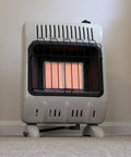 10,000 BTU Vent Free Radiant Propane Heater With Piezo Ignition, Heats Up To 300 Sq Ft, white unit on carpeted floor
