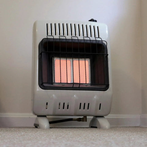 10,000 BTU Vent Free Radiant Propane Heater With Piezo Ignition, Heats Up To 300 Sq Ft, white unit on carpeted floor
