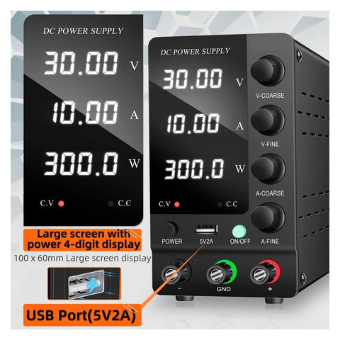 Variable Digital DC Power Supply 0 To 30V 0 To 10A Lab Bench Regulator With large display and USB port