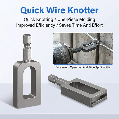 Quick Wire Knotte, durable steel wire knotting tool for efficient fence work and farm repairs with drill attachment.