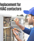 Technician replacing HVAC contactor in a heat pump system, related to One Pole Twenty Four Volt AC Contactor For Heat Pumps And Condensers Heavy Duty Thirty Amp Definite Purpose Contactor For Refrigeration Systems Fifty Or Sixty Hz UL Listed Quarter Inch Terminals Handles Up To Six Hundred Volts.