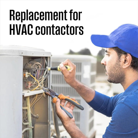 Technician replacing HVAC contactor in a heat pump system, related to One Pole Twenty Four Volt AC Contactor For Heat Pumps And Condensers Heavy Duty Thirty Amp Definite Purpose Contactor For Refrigeration Systems Fifty Or Sixty Hz UL Listed Quarter Inch Terminals Handles Up To Six Hundred Volts.