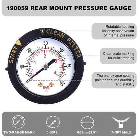 Rear Mount Pool Filter Pressure Gauge With 2.5 Inch Dial, Shatter Resistant Lens, Copper Threaded Connector, Plug And Play With Pentair 190059 Rear Mount Gauge, No Hassle Setup And Clear Readouts. 2.5-inch pool filter pressure gauge with 0-60 PSI dial and copper threaded connector