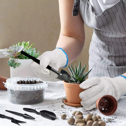 Person using All-In-One Succulent Tools Set With 13-Piece Mini Garden Kit For Transplanting And Care on potted succulent