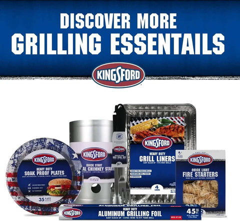 Grilling essentials including extra wide aluminum foil roll for grilling and baking heavy duty 18 inch by 100 sq ft, plates, chimney starter.
