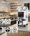 Hella Efficient Full Auto Cup Sealer Machine With Smooth Operator Boba And Coffee Sealing Tech Featuring Top Shelf Digital Screen Control and dimensions on display in cafe setting.