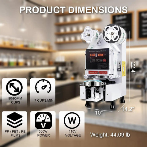 Hella Efficient Full Auto Cup Sealer Machine With Smooth Operator Boba And Coffee Sealing Tech Featuring Top Shelf Digital Screen Control and dimensions on display in cafe setting.