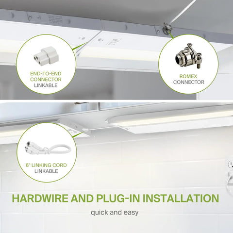 Swivel LED Under Cabinet Lighting Kit 24 Inch Plug In Or Hardwired Dimmable With connectors and linking cord shown