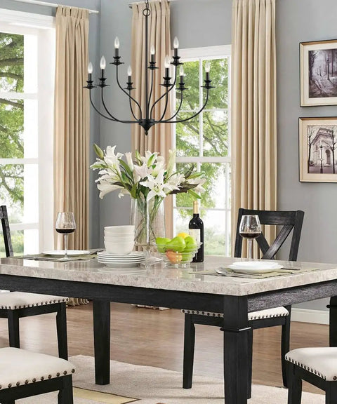 Modern Farmhouse Candle Style Dining Room Chandelier in Black Metal 32 Inch Two Tier Canopy above dining table