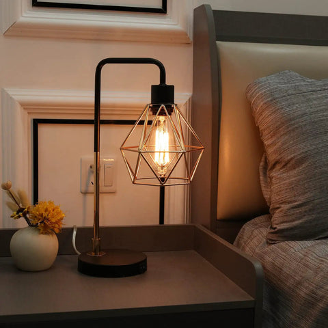 Set Of 2 Touch Control Black And Gold Desk Lamps With 2 USB Ports, Industrial Cage Style Bedside Reading Lamps lit on nightstand