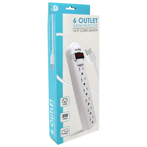Packaging for Long Reach 50 Foot 6 Outlet Surge Protector Power Strip With Lighted On Off Switch 350 Joules 15 Amp 120 Volt 14 Gauge