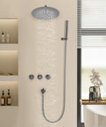 Shower System 10 Inch Wall Mounted Rainfall Head Combo with Handheld Spray showcasing sleek design and water flow.