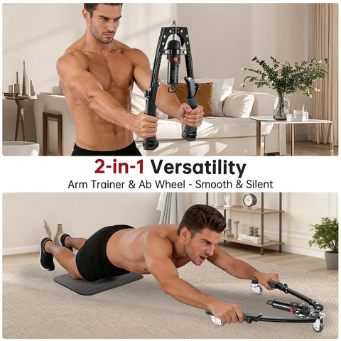Upgrade Your Home Gym With This Badass 3 In 1 Twister Arm Trainer; man using hydraulic arm trainer and ab wheel in home setting.