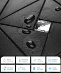 Close-up of Ten Sheet Peel And Stick Backsplash Metal Mosaic Tiles for Kitchen Wall Decor with water-resistant feature icons.