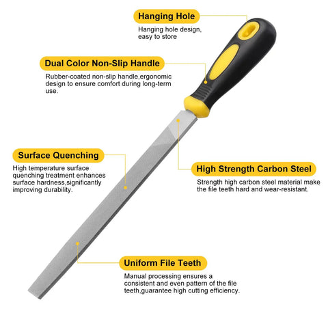 8 Inch Flat Metal File With 12 Inch Total Length, Anti Slip Ergonomic Handle, Hardened High Carbon Steel, Uniform Teeth