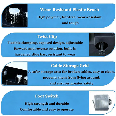 Features of Heavy Duty Pneumatic Wire Stripper Machine With Automatic Clamping For 5-60mm Cables including foot switch and storage grid.