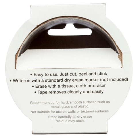 Back of White Dry Erase Tape 1.88 Inch Wide By 5 Yard Length 6 Pack Peel And Stick Writable Label Tape packaging with usage instructions.