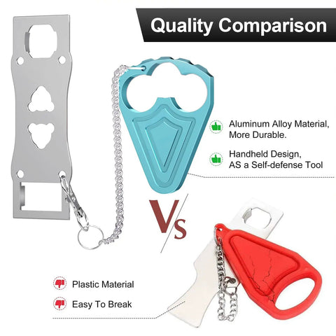 Comparison of two door lock tools, one aluminum alloy for security and self-defense, the other red plastic key cover, highlighting durability differences.