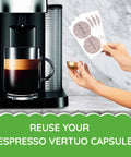 Person holding Foil Seals For Nespresso Vertuo Pods Reusable Aluminum Lids Pack of 100 Silver near coffee machine.