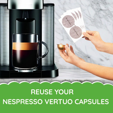 Person holding Foil Seals For Nespresso Vertuo Pods Reusable Aluminum Lids Pack of 100 Silver near coffee machine.
