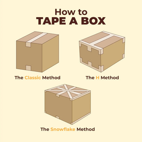 Diagram of three methods for taping 10x8x6 Brown Kraft Corrugated Shipping Boxes 100 Pack Bulk For Mailing, Packing, Moving And Storage.