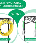 Heavy Duty Garden Hose Holder With 4 Ground Spikes showing hose hanger and extra tool hooks on metal frame