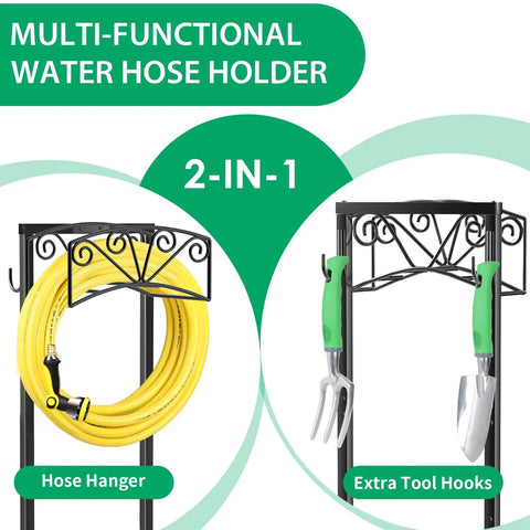 Heavy Duty Garden Hose Holder With 4 Ground Spikes showing hose hanger and extra tool hooks on metal frame