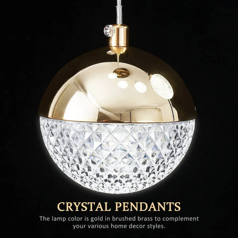 Crystal Pendant Lights With 5 LED Bulbs In Daylight White 5000K Modern Brushed Brass Ceiling Hanging Fixtures With Glass Globes