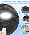 Image of 480V 200W UFO LED High Bay Light for Warehouses in operation with a remote control and various application examples.