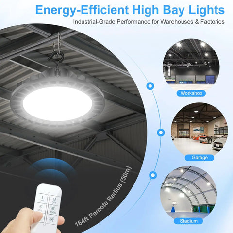 LED High Bay Light 240W 36000LM 5000K Dimmable with remote control illuminating a workshop, garage, and stadium interiors.