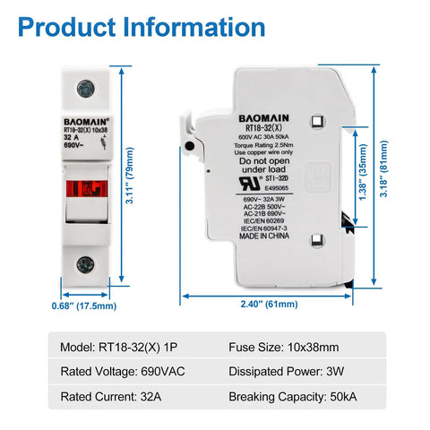 One Pole Fuse Holder Base For RT18-32 Fuses 10x38mm 32 Amp 690 VAC Din Rail Mount With Indicator Light UR And CE Certified