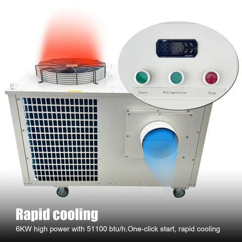 Heavy Duty Industrial Air Conditioner 61000 Btu Hour Cooling large unit showing controls and air vent for rapid cooling.