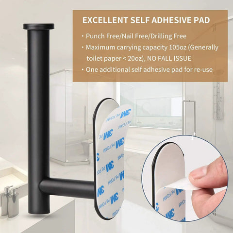 Matte Black Adhesive Wall Mount Toilet Paper Holder No Drill, Rustproof SUS 304 Stainless Steel installation detail with adhesive pad.
