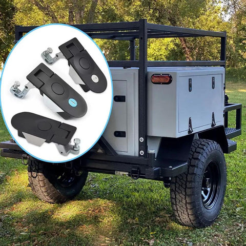 Trailer with tool box featuring 4 Pack Flush Mount Compression Latches With Trigger Action Adjustable for RV Truck Doors, 8 Keys, Zinc Alloy.