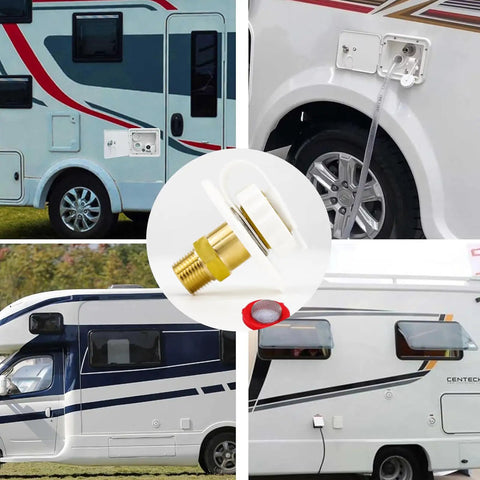 RV Water Inlet Connection With Brass Flange And Check Valve, City Water Fill Kit Half Inch NPT Male, 3 Inch Inlet Flange, City Water Hookup For Camper, Hose Connector Replacement, White on RV side wall
