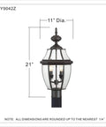 Newbury Outdoor Post Lantern 21 Inch 2 Light Medici Bronze French Country Lamp with beveled glass, dimensions labeled