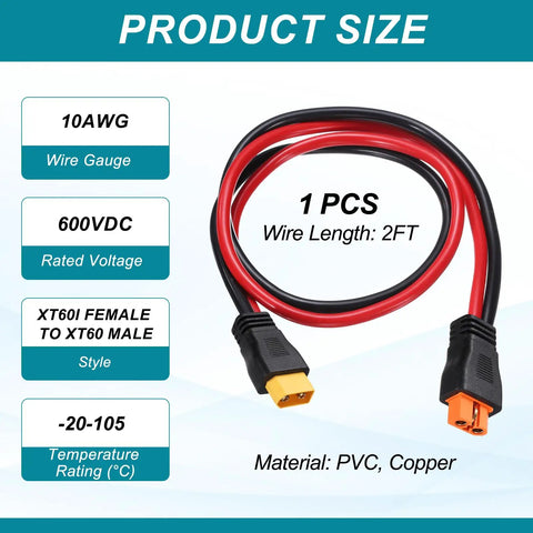 XT60 Extension Cable 10AWG 2Ft with PVC copper material, female to male connectors for RC, drones, solar.