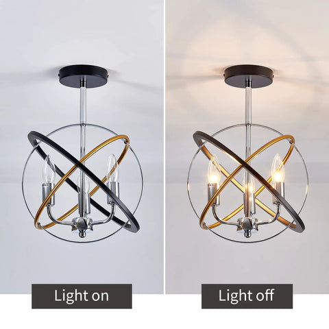 Three Light Farmhouse Dope Vintage Chandelier With Industrial Chrome Matte Finish E12 Base Semi Flush Mount, light on and off view