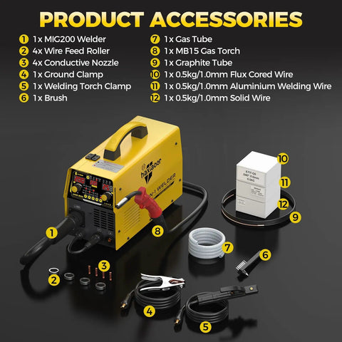 Dual Voltage 200A MIG Welder Six In One Multi Process Beast with accessories including torch, wires, and clamps on display.