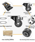 Heavy Duty Furniture Castor Wheels With Dual Locking Spinners And Smooth Polyurethane Tread Four Pack Universal Swivel Caster Plates showing 360° rotation, heavy-duty bearings and ball bearings support.