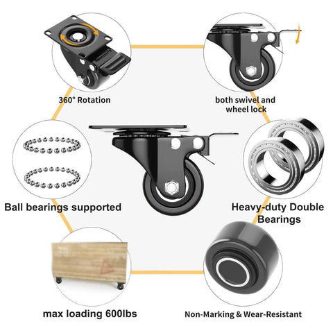 Heavy Duty Furniture Castor Wheels With Dual Locking Spinners And Smooth Polyurethane Tread Four Pack Universal Swivel Caster Plates showing 360° rotation, heavy-duty bearings and ball bearings support.